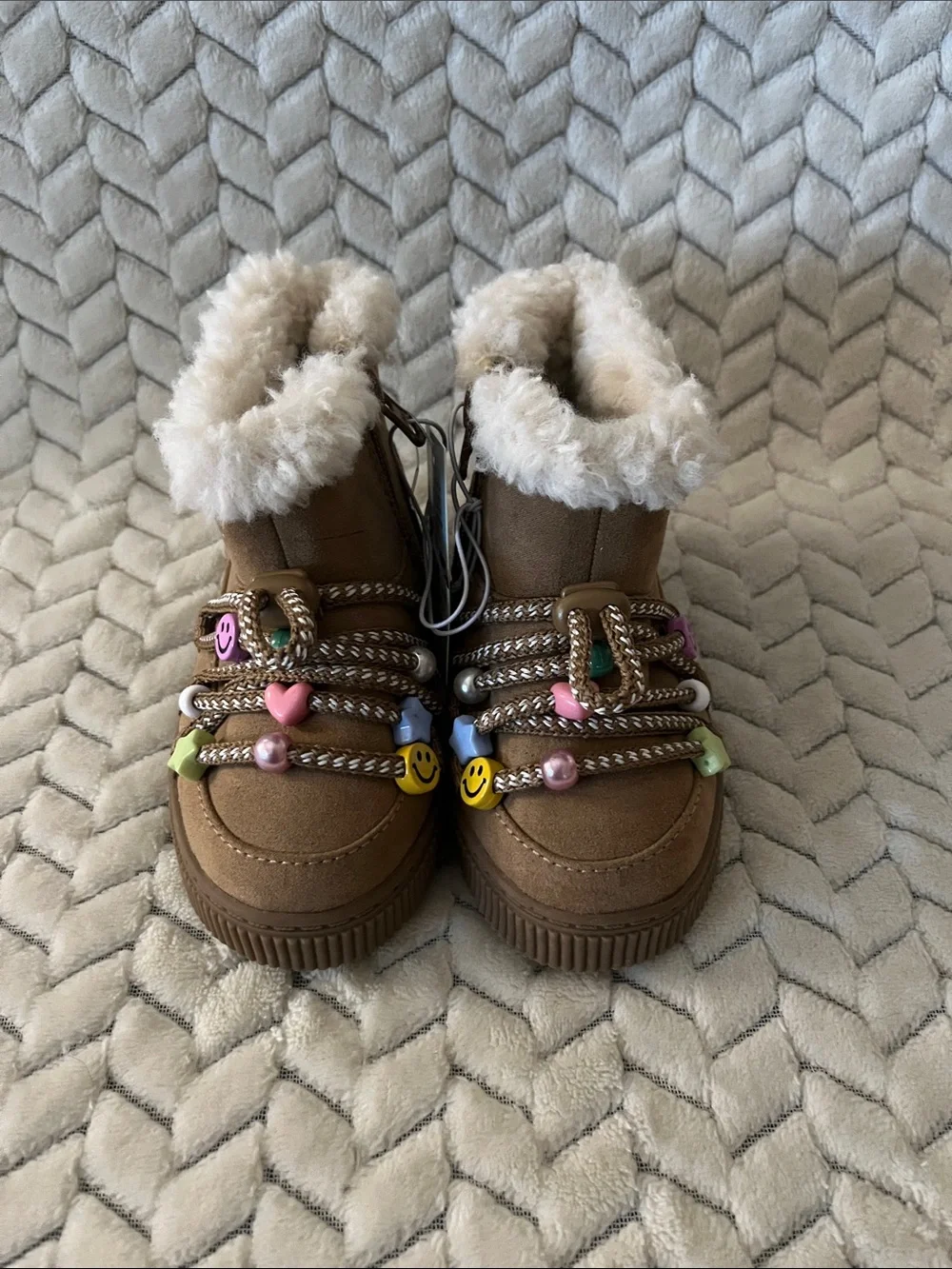 Cat & Jack Brown Faux-Shearling Kids Boots with Colorful Bead Charms